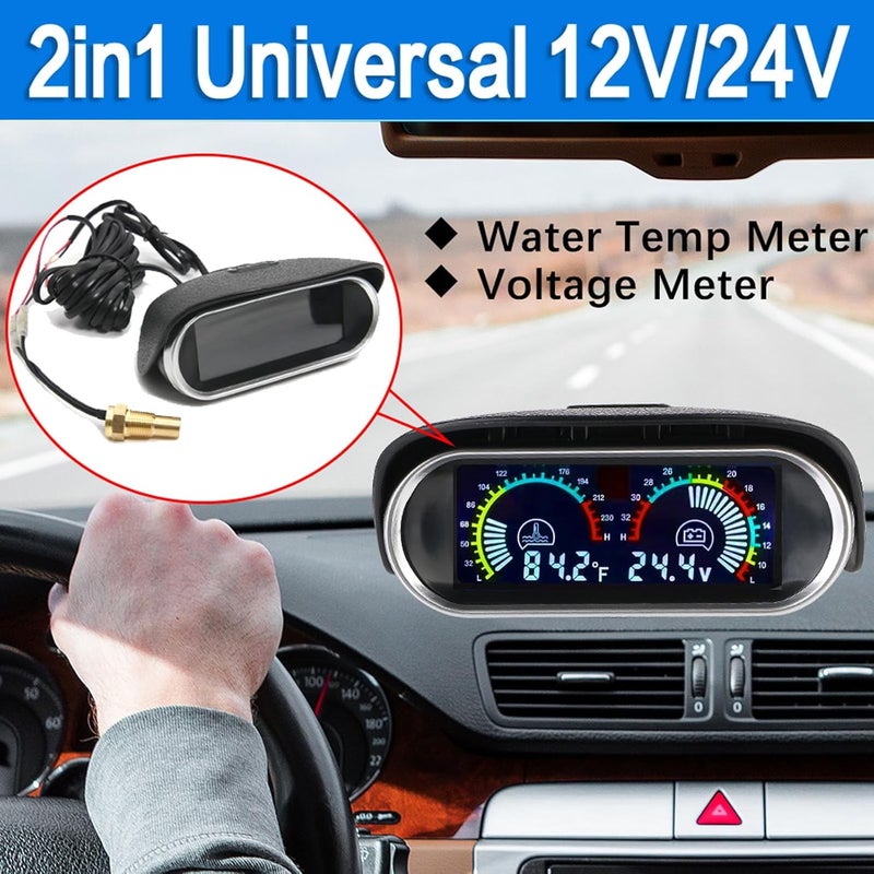 BLLYOGU Digital 2-in-1 Water Temperature & Voltage Gauge with 1/8 NPT Sensor and 34mm Adapter - Image 2